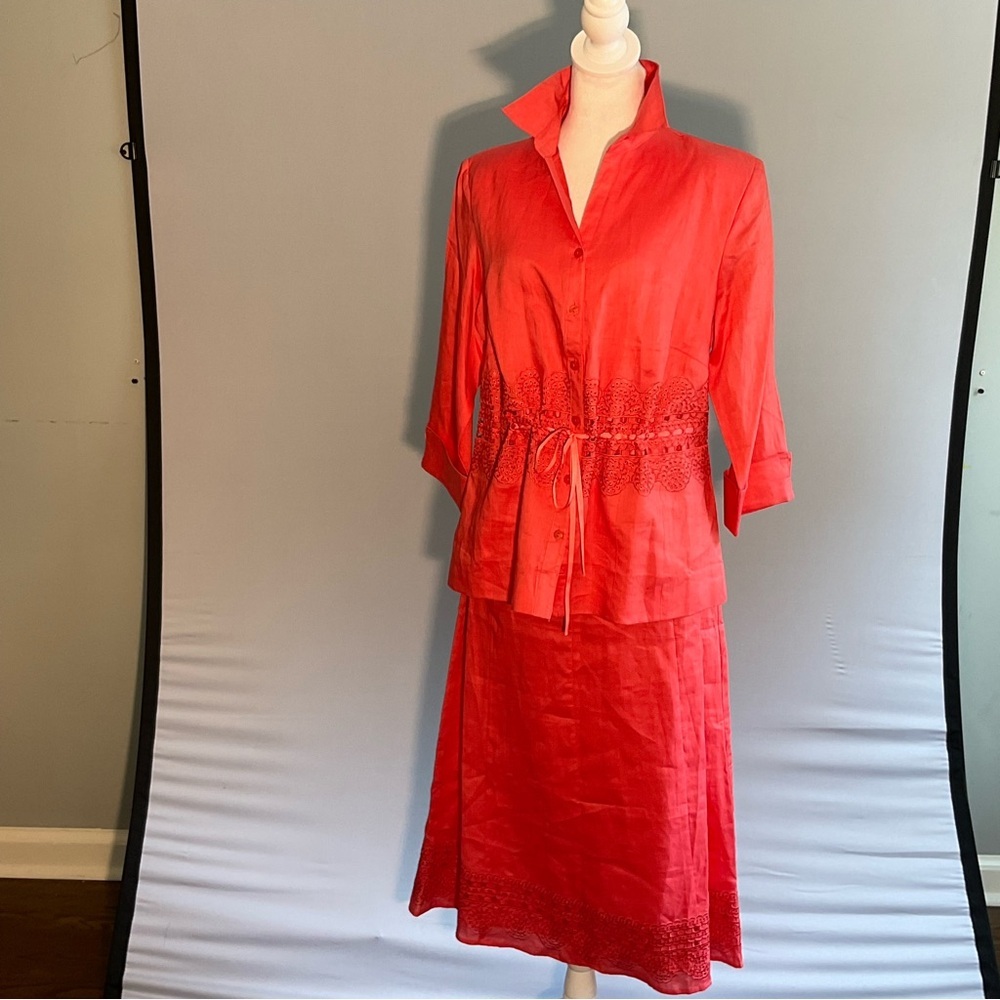 Lino USA Linen Skirt Set NWT Coral Embroidered Resort Set Coastal Midi 2-piece - Picture 3 of 16